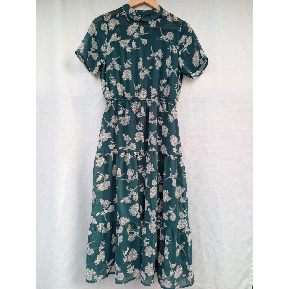 Lulus Floral Maxi Dress Womens S Emerald Green Tiered Short Sleeve Chiffon